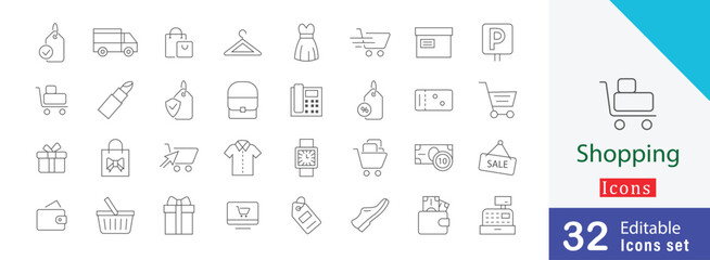 Shopping simple line art icon style. containing shirt, shopping bag, credit card,  delivery truck, shopping basket, wallet and more stroke