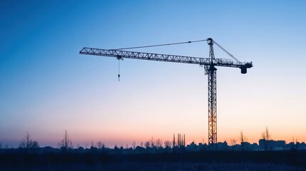 Fototapeta premium A construction crane silhouetted against a vibrant sunset sky, symbolizing urban development and progress in construction.