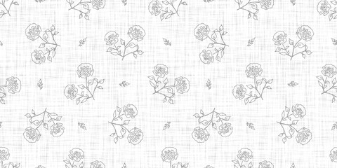 Seamless french taupe floral farmhouse linen printed fabric background. Light mottled grey cottage pattern. Shabby chic woven 2 tone cloth effect. Textile rustic organic ecru neutral all over print.