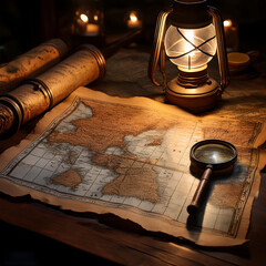 Tattered Maps and Scrolls- Old, tattered maps or scrolls spread across a dark table,  