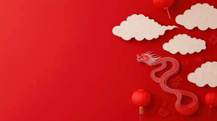 Obraz premium A vibrant red background featuring a dragon, lanterns, and clouds, for celebrating cultural festivities.