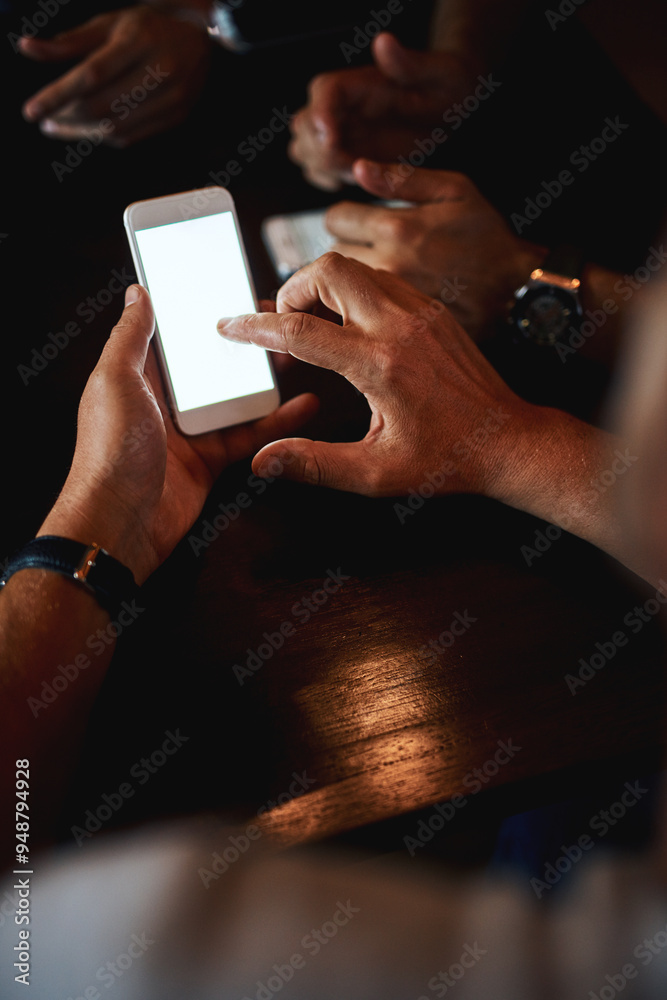 Poster hands, phone screen and person at counter of mockup at night, waiting for date or from above. dating