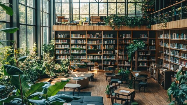 A modern library with wooden shelves filled with books and surrounded by lush greenery and large windows.