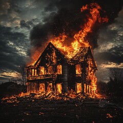 A house engulfed in flames, dark smoke billowing into the sky