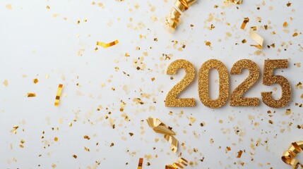 Celebrate the new year 2025 with sparkling gold decorations and festive confetti on a bright background.