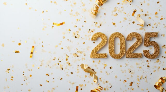 Celebrate the new year 2025 with sparkling gold decorations and festive confetti on a bright background.