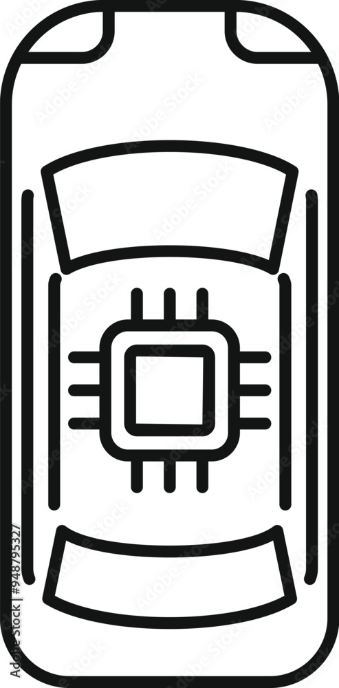 Poster simple line icon of a smart car with a cpu representing its self driving capabilities