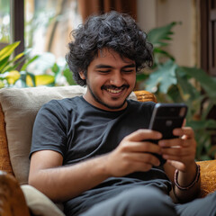 A happy young man with curly hair sits comfortably, smiling while chatting with his girlfriend on his smartphone. The cozy setting provides a warm and joyful atmosphere.