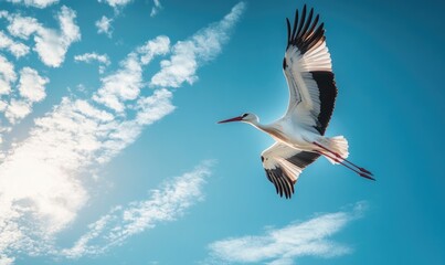 Obraz premium A lone stork gliding peacefully, sunlight streaming through the clouds