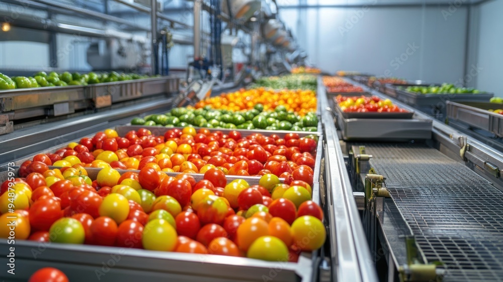 Wall mural Conveyor Belt of Fresh Tomatoes in a Modern Food Processing Facility