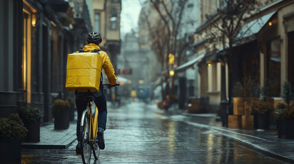 Bike Delivery Person Riding On Rainy City Street