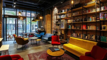 Cozy cafe interior with red and yellow armchairs, a yellow sofa, and a large bookshelf filled with books against a brick wall.