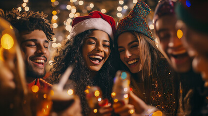 A diverse group of friends enjoys a festive holiday celebration. They are laughing and holding drinks, surrounded by warm, colorful lights, conveying a sense of joy and togetherness.