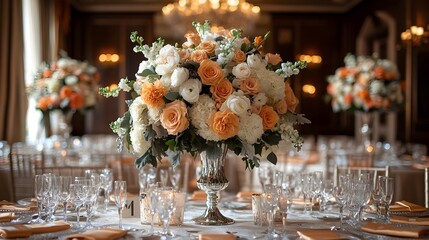 Elegant wedding celebration featuring exquisitely arranged tables adorned with vibrant floral centerpieces, creating a romantic and sophisticated atmosphere.