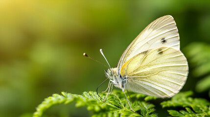 Small White Butterfly Sitting Top Green