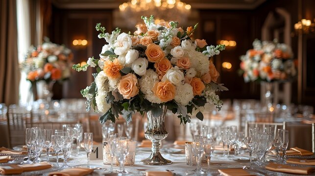 Elegant wedding celebration featuring exquisitely arranged tables adorned with vibrant floral centerpieces, creating a romantic and sophisticated atmosphere.