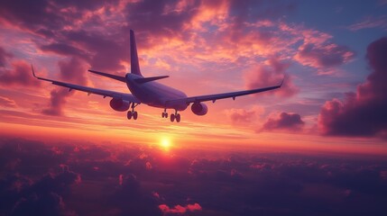 An airplane ascends into the colorful sky just after sunset, surrounded by clouds