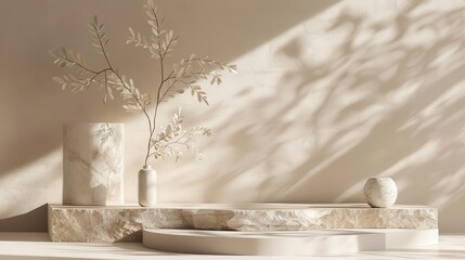 natural stone podium in soft beige hues surrounded by delicate leaves and organic textures minimalist product display with subtle shadows