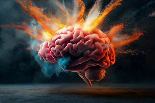Dynamic concept art of a human brain exploding with vibrant colors, symbolizing creativity, intelligence, and innovation. The vivid imagery captures the essence of thought and imagination.