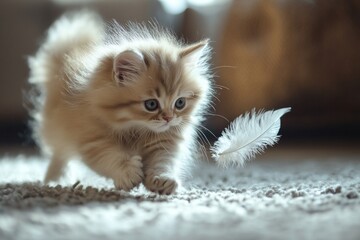 Fototapeta premium Playful Kitten Chasing Feather Toy in Soft Light