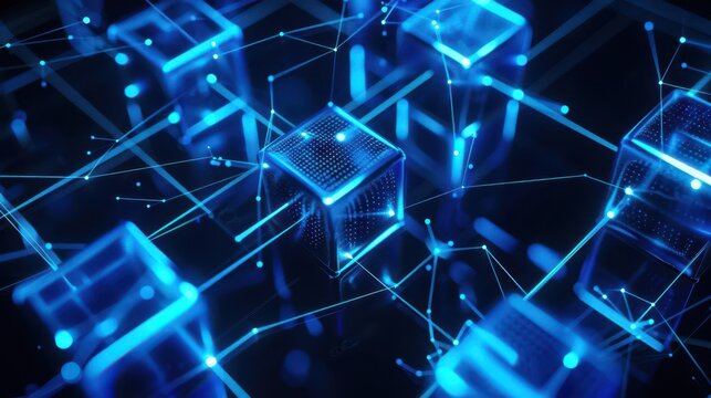 neon blue cubes forming a virtual blockchain network glowing data streams connect the cubes creating a futuristic technological landscape against a dark background