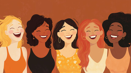 A joyful illustration of six diverse women laughing together, representing unity, diversity, happiness, and friendship. Perfect for concepts related to empowerment and positive female relationships.