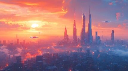 Naklejka premium Futuristic metropolis, soaring skyscrapers with glass facades, vibrant neon lights illuminating bustling streets, and sleek flying vehicles gliding through the sky.