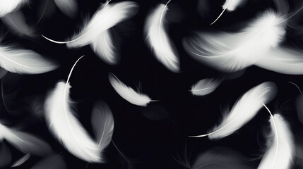 Flying white feather on black background. Realistic style illustration of feathers in air with blur effect decorative backdrop. Concept of weightlessness