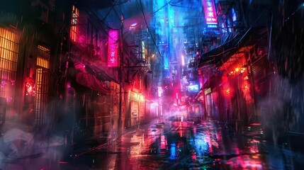Fototapeta premium neonlit alleyway at night rainslicked streets reflecting vibrant colors wisps of smoke drifting through searchlight beams creating an atmospheric cyberpunk urban scene