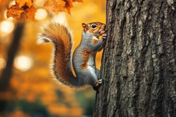 Fototapeta premium A Squirrel Eating a Nut on a Tree Trunk in Autumn
