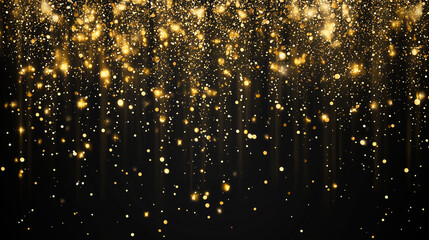 Golden shining confetti falling down on black background. Luxury decorative festive design for new year christmas anniversary fashion entertainment
