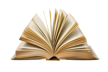 Open old book with used paper pages isolated on transparent background, png, cutout.