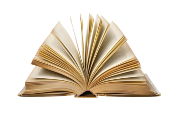 Open old book with used paper pages isolated on transparent background, png, cutout.