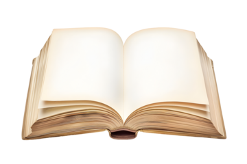 Open old blank book mockup with used paper pages isolated on transparent background. Flat lay png, cutout.