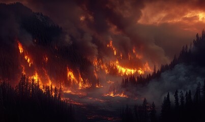 A wildfire blazing through a forested area, thick smoke billowing into the sky