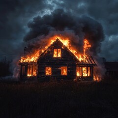 A wooden cabin consumed by fire, flames licking at the sky