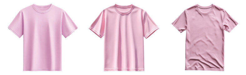 Set of pink t-shirts in different views isolated on transparent background