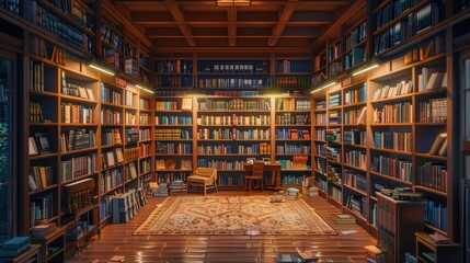 Fototapeta premium Well-organized library with rows of bookshelves and a variety of books.