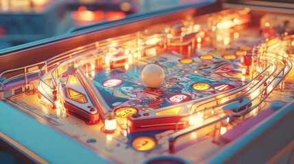 A pinball machine in action, with a ball mid-play, surrounded by vivid graphics and illuminated bumpers on a light solid color background