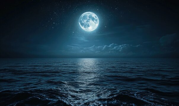 Bright moon casting a long reflection on the ocean