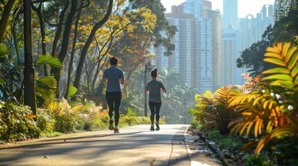 A thirty-year-old couple jogging on an urban trail, dressed in sporty outfits, in daylight. The trail is surrounded by city buildings and trees.