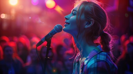 Young woman passionately speaking into a microphone at a busy public event, with an engaged audience and bright stage lighting in the background.