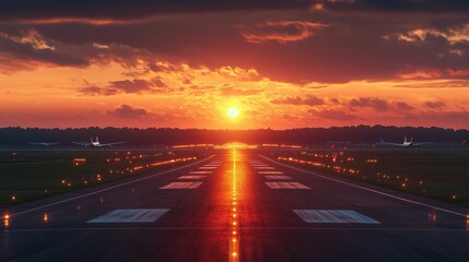 Obraz premium Airplanes are parked on the runway with a stunning sunset illuminating the horizon