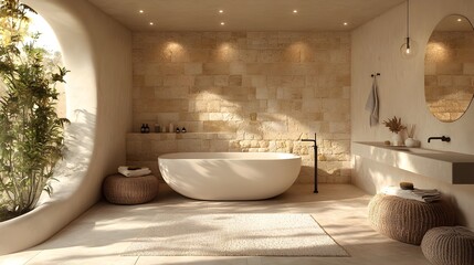 Elegant minimalist bathroom featuring a freestanding bathtub, complemented by luxurious natural stone tiles, creating a serene and stylish atmosphere.
