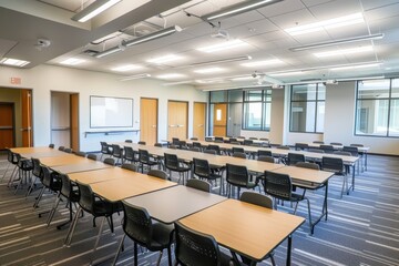 A spacious classroom with tables arranged in groups for collaborative learning