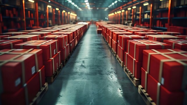 A warehouse with many red boxes stacked on pallets