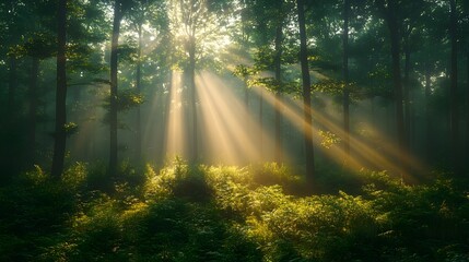 Obraz premium Misty Forest Morning, a serene scene of a dense forest enveloped in mist, soft sunlight streaming through towering trees, creating a tranquil, ethereal atmosphere.
