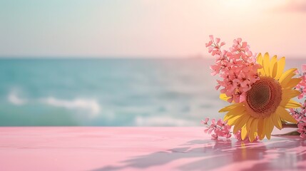 An empty product place background with sea, sunflower and pink flowers, skincare advertisement