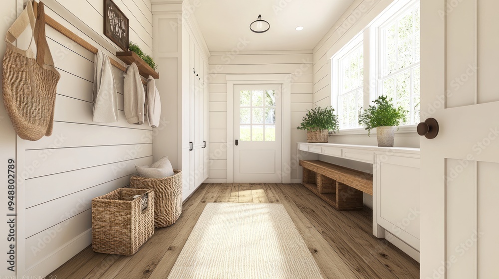 Wall mural A white farmhouse entryway with a wooden bench, a rug, and a basket filled with plants.