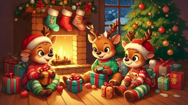 Reindeer in adorable Christmas pajamas, sitting around a fireplace  and  gifts.